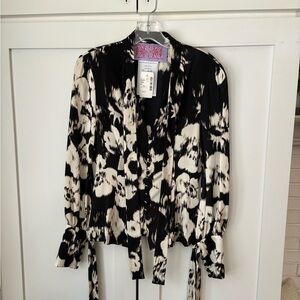Tuleh NEW Jeanne Silk Button Front Blouse Cuffs Tied Front Black White Womens 8